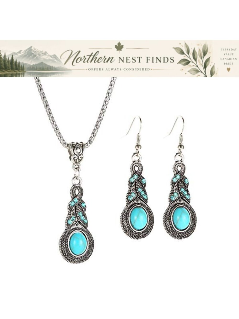 Boho Turquoise Jewelry Set Dangle Drop Earrings Necklace Oxidized Metal